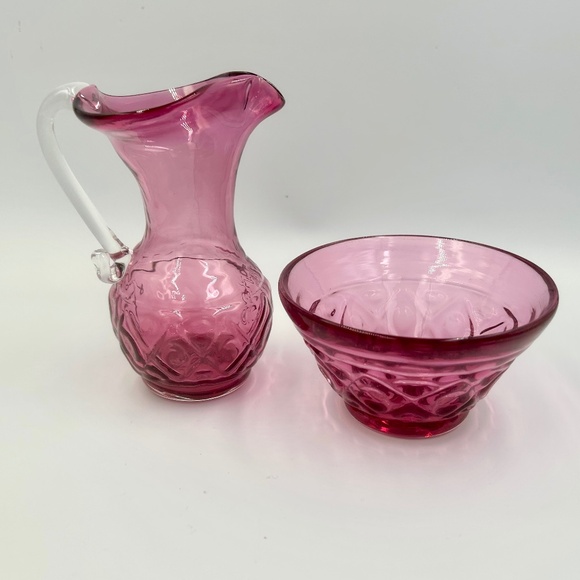 VTG Cranberry Glass Creamer & Sugar Set Hand Blown Diamond Pattern Cottagecore - Picture 2 of 12
